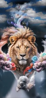 Surreal lion with vibrant swirling clouds as mobile wallpaper.