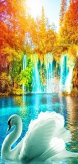 A swan glides on a vibrant lake with a colorful waterfall backdrop.