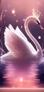 Majestic swan with crown on dreamy pink water.