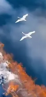 Two swans flying over a vibrant natural landscape with colorful scenery.