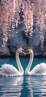Swans with crowns beneath pink sakura blossoms.