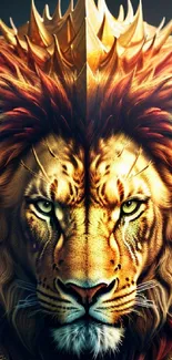 Symmetrical lion wallpaper with fiery mane and golden hues