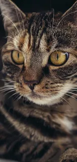 Close-up of a majestic tabby cat with vibrant yellow eyes.