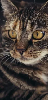 Close-up portrait of a tabby cat with striking golden eyes.