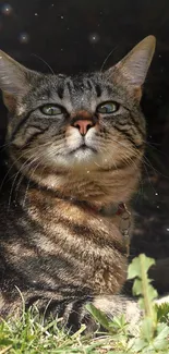 Majestic tabby cat basking in sunlight amidst greenery.