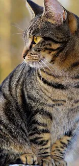 Majestic tabby cat with striking stripes and golden eyes, outdoor setting.