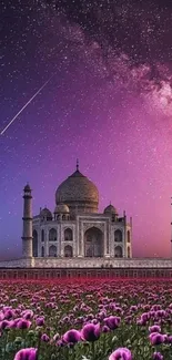 Taj Mahal under starry night sky with purple flowers in foreground.