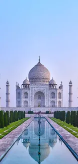 Majestic view of Taj Mahal reflecting in water.