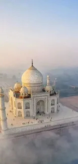 Aerial view of the Taj Mahal against a clear blue sky.