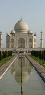 Full view of the Taj Mahal with reflection in water and clear sky background.