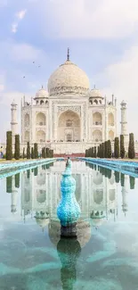 Reflection of Taj Mahal in water under a blue sky.