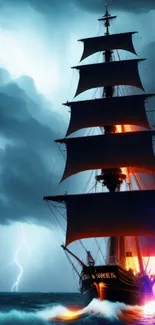 Tall ship sails through stormy ocean with dramatic sky.