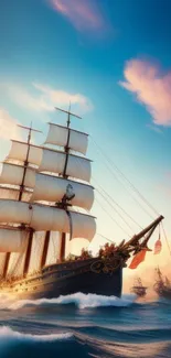 Majestic tall ship sailing under a sunset sky on ocean waves.