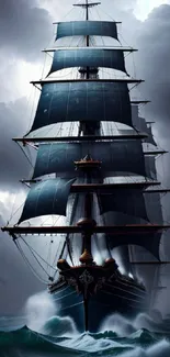 Majestic tall ship sails through a stormy ocean under a dramatic sky.