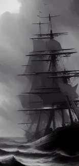 Tall ship braving a stormy sea with dark clouds and waves.