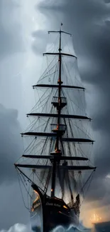 Tall ship navigating through a stormy ocean under dramatic clouds.