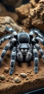 Close-up of a majestic tarantula with intricate patterns on rocky terrain.
