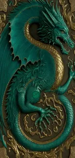 Teal dragon with golden accents, intricate medieval design.