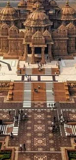 Aerial view of a majestic temple with intricate architecture and urban surroundings.