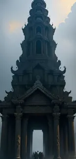 Majestic temple at dawn with mist and intricate architecture.