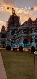 Majestic temple at sunset with vibrant colors and intricate architecture.