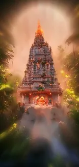 Mobile wallpaper of a glowing temple surrounded by nature.