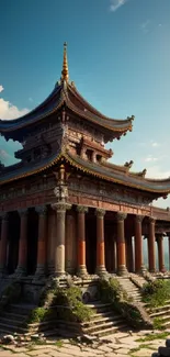 Stunning ancient temple in mountain landscape under a clear blue sky.