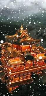 Illuminated temple in falling snow at night, creating a serene and majestic scene.