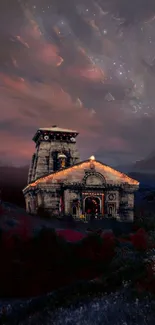 Majestic stone temple at night under a starry sky with view of the landscape.