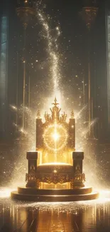 A majestic throne glowing with golden light and sparkles in a regal setting.