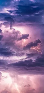 Purple and blue thunderstorm clouds with lightning.