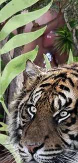 Tiger in lush green jungle with artistic foliage and vibrant colors.