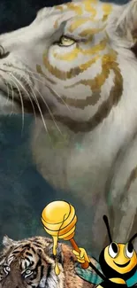 White tiger and animated bee on mobile wallpaper.