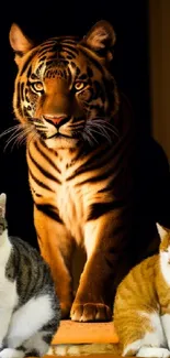 Tiger with two cats in a vibrant, artistic wallpaper.