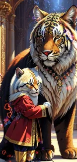 Majestic tiger and cub in a regal, artistic setting on phone wallpaper.