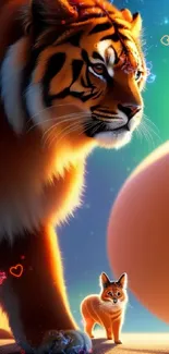 Majestic tiger and cub in digital artwork with vibrant colors.