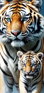 Majestic tiger and cub in forest mobile wallpaper.