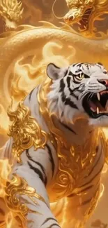 White tiger and golden dragon in fantasy art.