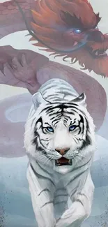 White tiger and red dragon fantasy art wallpaper.