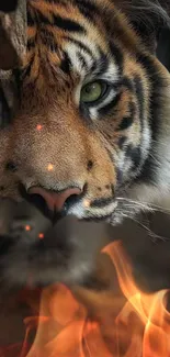 Majestic tiger peering through flames in a dramatic wildlife scene.