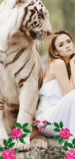 White tiger and girl with floral decoration.