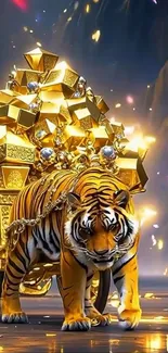 Tiger pulling a golden cart filled with treasures in a fantasy setting.