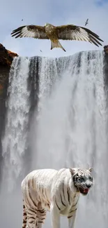 White tiger and hawk by waterfall with clear sky.