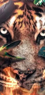 Tiger's intense gaze with nature elements and hummingbird.