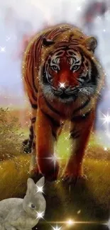 Wallpaper of a majestic tiger and rabbit with sparkling effects.