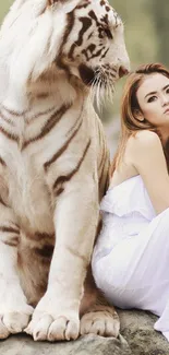 Woman in white dress sits beside a majestic white tiger.