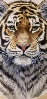 Artistic tiger face on a mobile wallpaper, vivid and detailed.