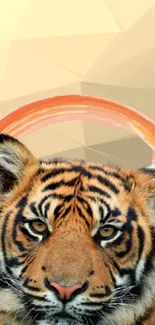 Tiger illustration with geometric background and artistic orange circle.