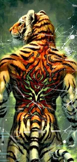 Artistic tiger with vibrant colors in a forest background.