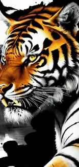 Majestic tiger portrait with black ink splash background in vivid colors.